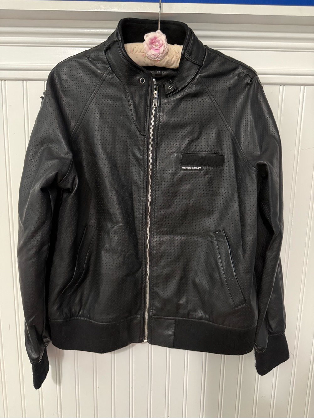 Members only faux leather perforated bomber jacket. Size Medium